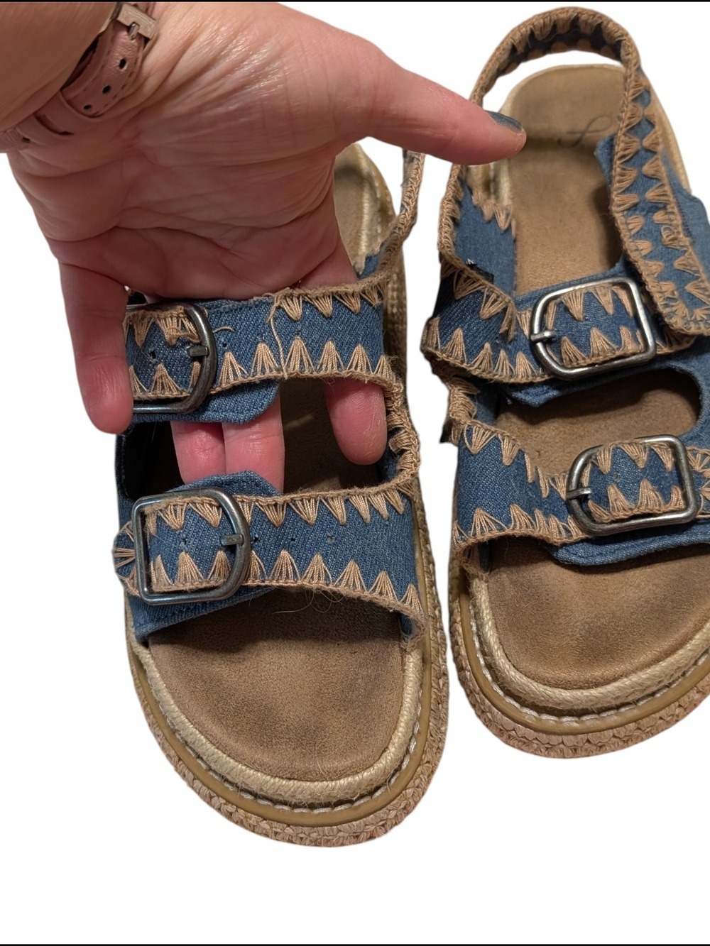 Woven-Trim Blue Denim Buckle Sandals for Women - Picture 5 of 8